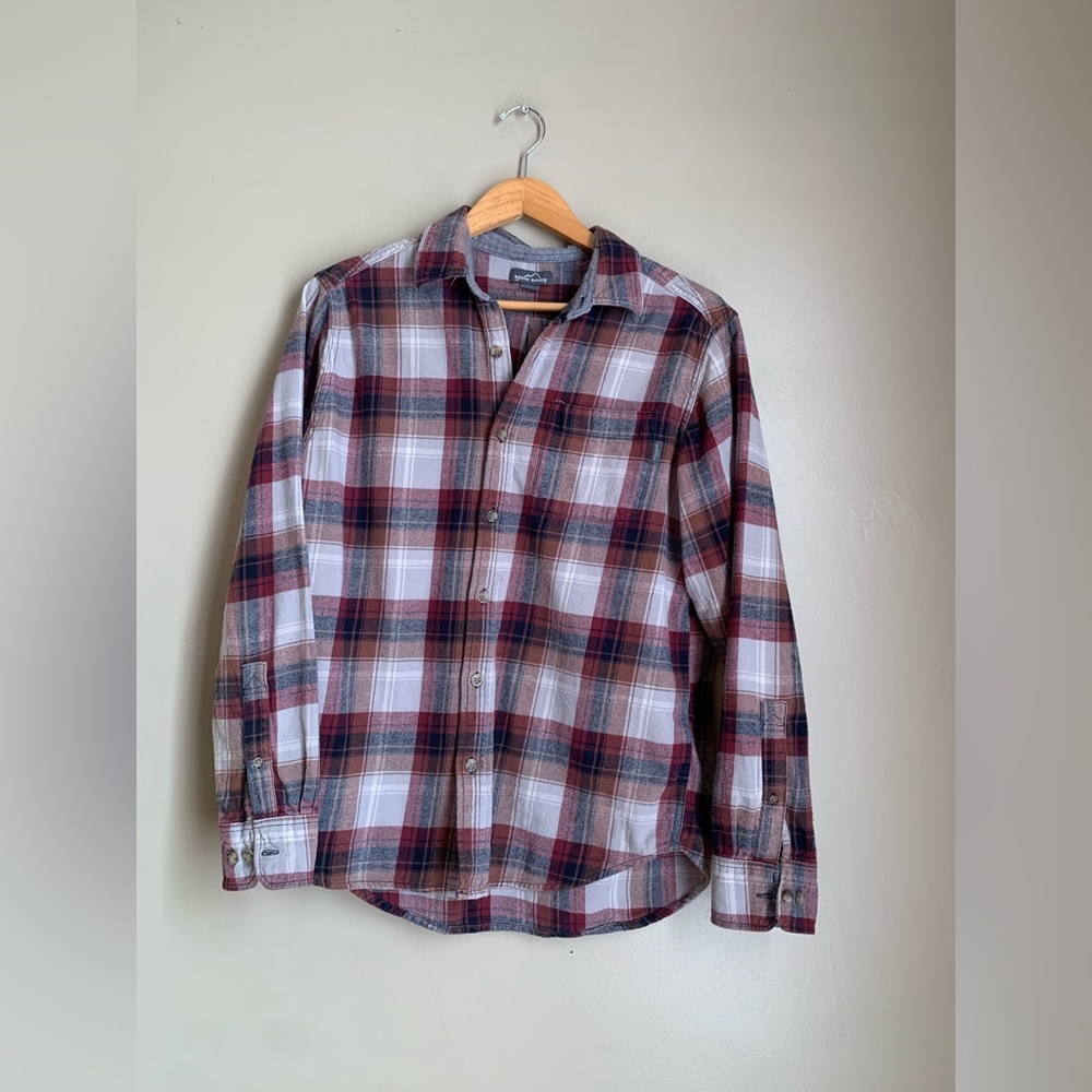 Eddie Bauer Plaid Flannel Shirt Men’s L Gray Red Button-Up Outdoors Cotton